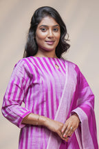 women pink striped designed straight cotton kurta set with matching pant and dupatta