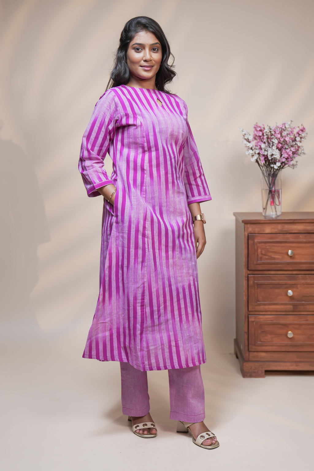 women pink striped designed straight cotton kurta set with matching pant and dupatta