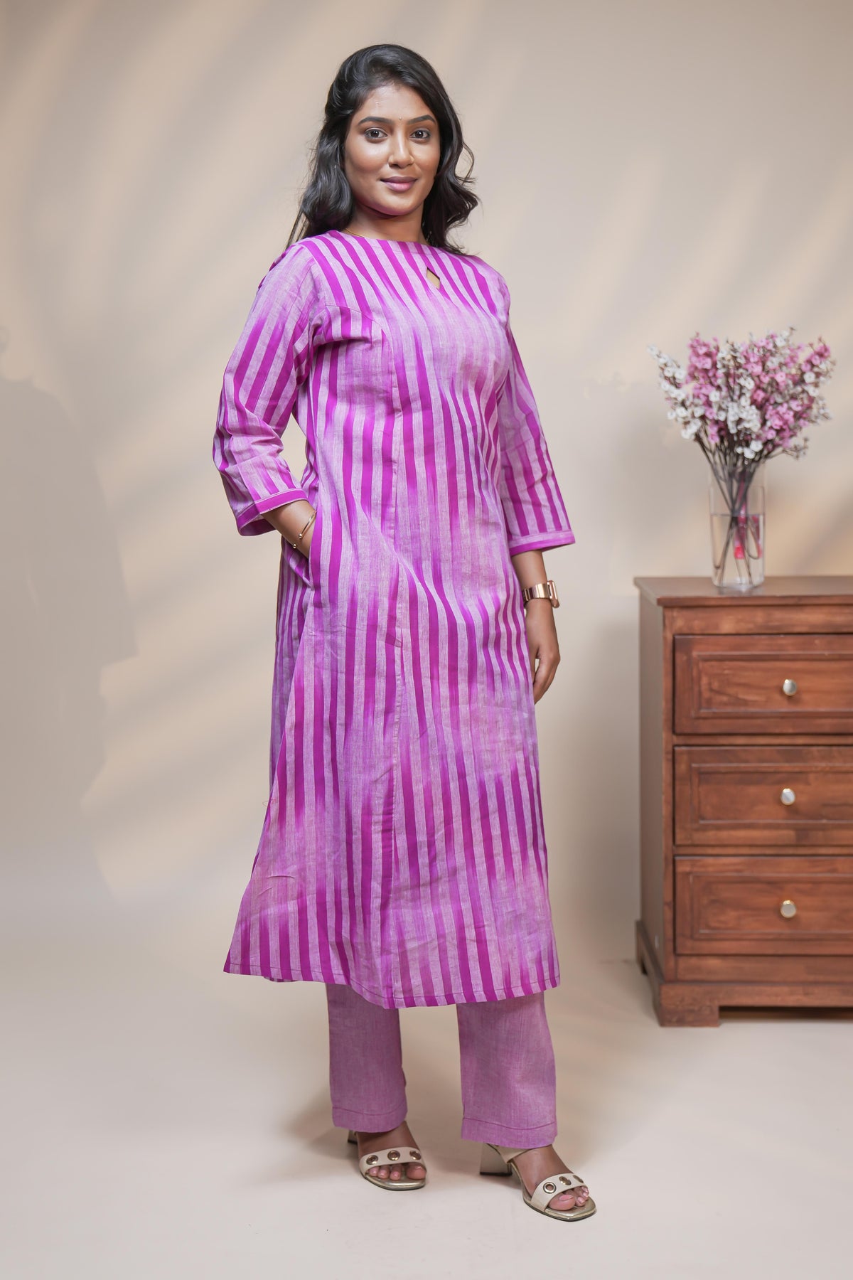 women pink striped designed straight cotton kurta set with matching pant and dupatta