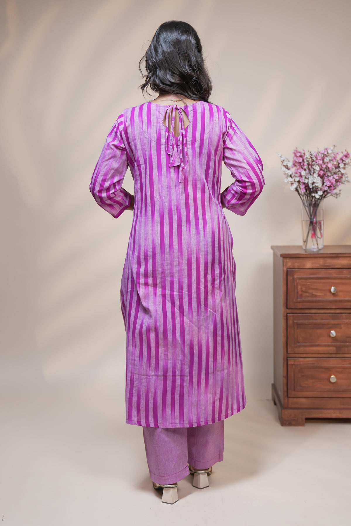 women pink striped designed straight cotton kurta set with matching pant and dupatta