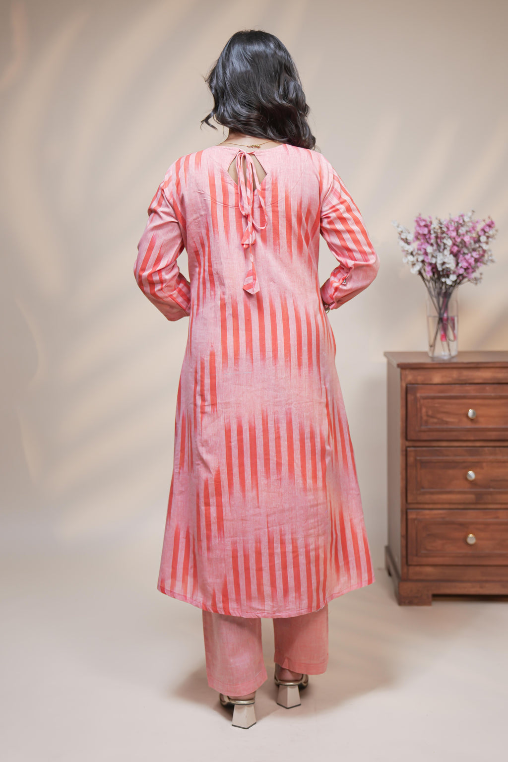 women orange striped straight cotton kurta set with matching pant and dupatta