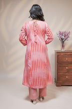 women orange striped straight cotton kurta set with matching pant and dupatta