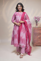 women maroon striped straight cotton kurta set with matching pant and dupatta