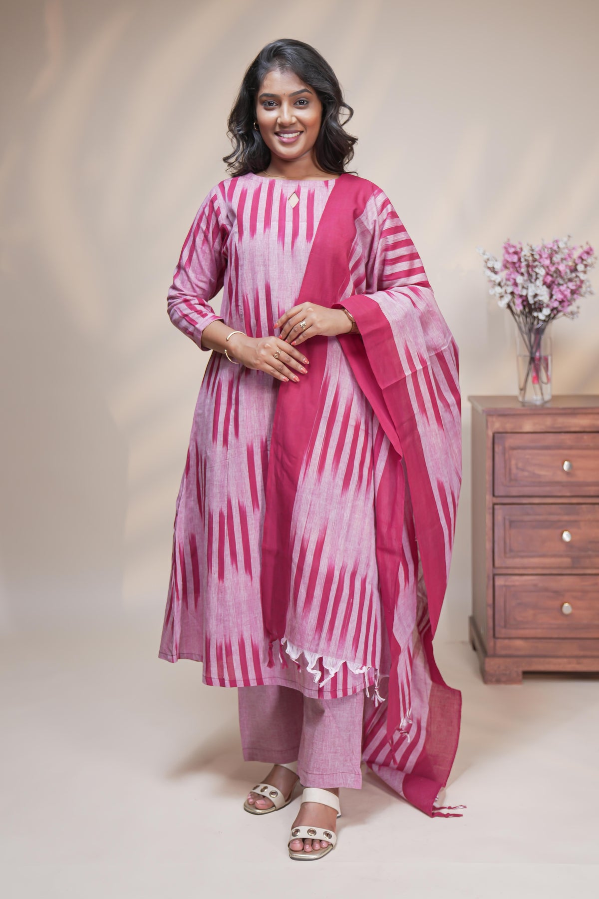 women maroon striped straight cotton kurta set with matching pant and dupatta