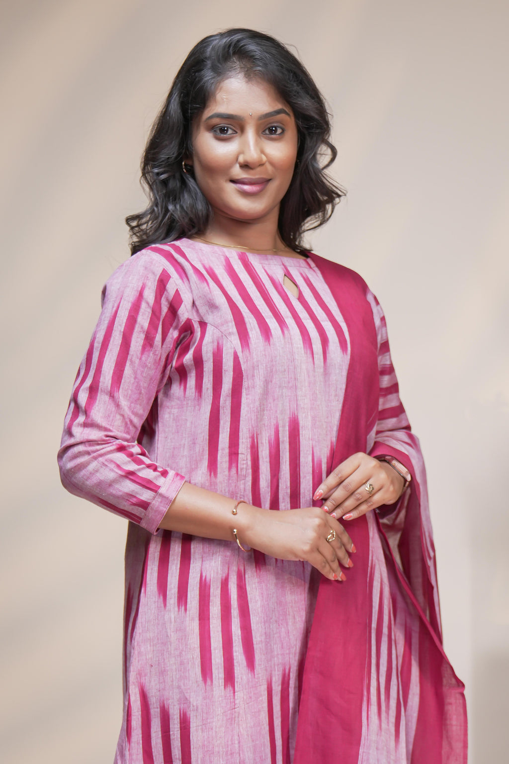 women maroon striped straight cotton kurta set with matching pant and dupatta