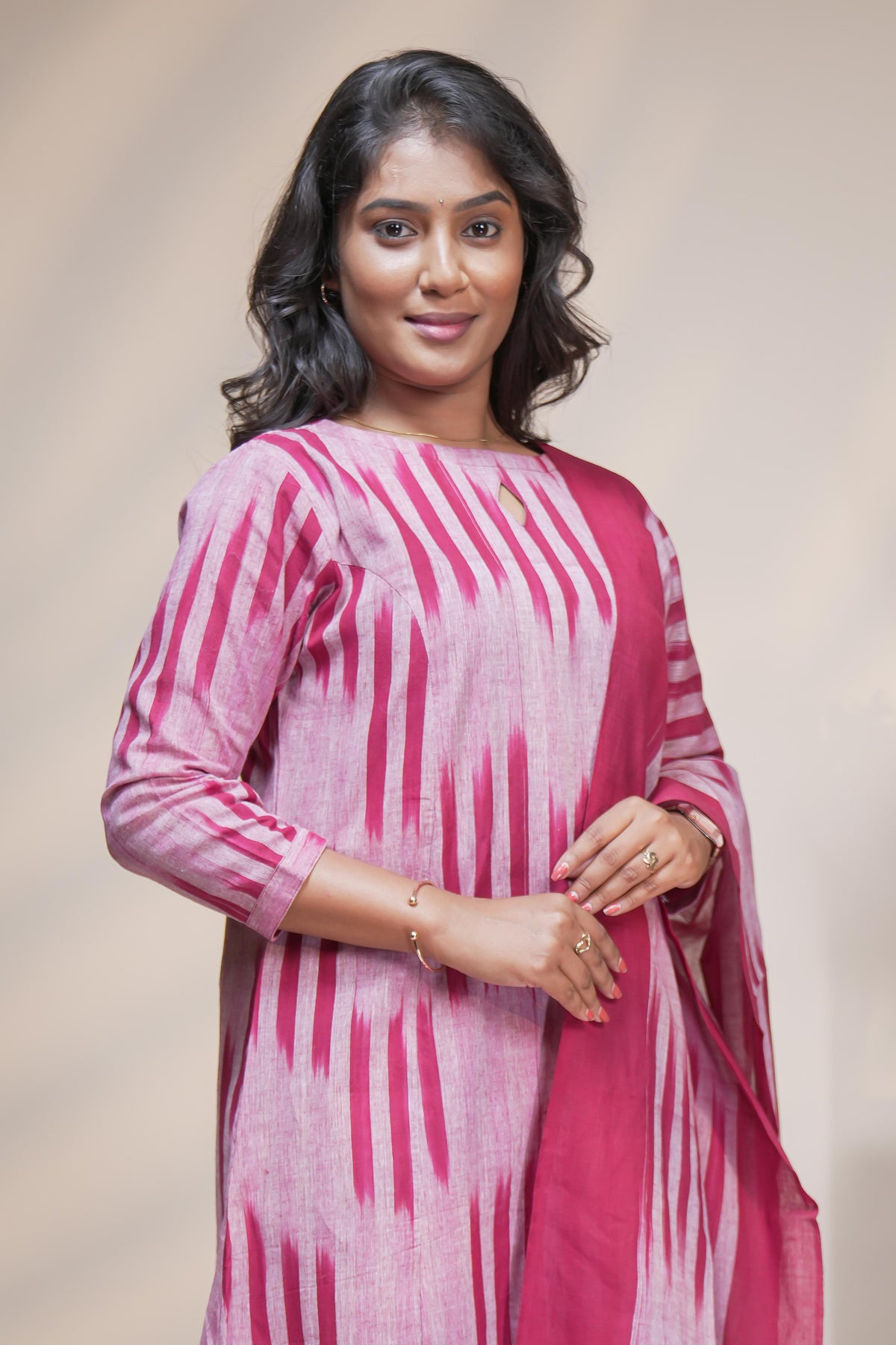 women maroon striped straight cotton kurta set with matching pant and dupatta