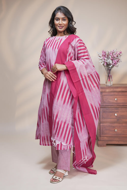 women maroon striped straight cotton kurta set with matching pant and dupatta