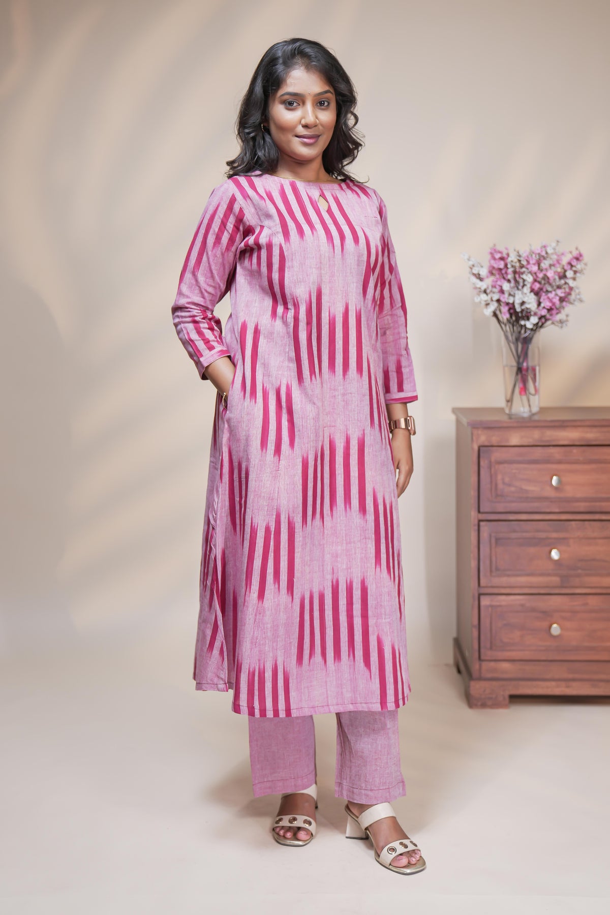 women maroon striped straight cotton kurta set with matching pant and dupatta
