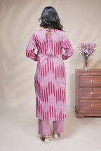 women maroon striped straight cotton kurta set with matching pant and dupatta