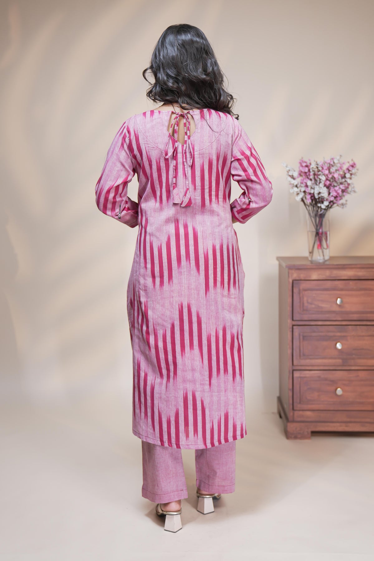 women maroon striped straight cotton kurta set with matching pant and dupatta