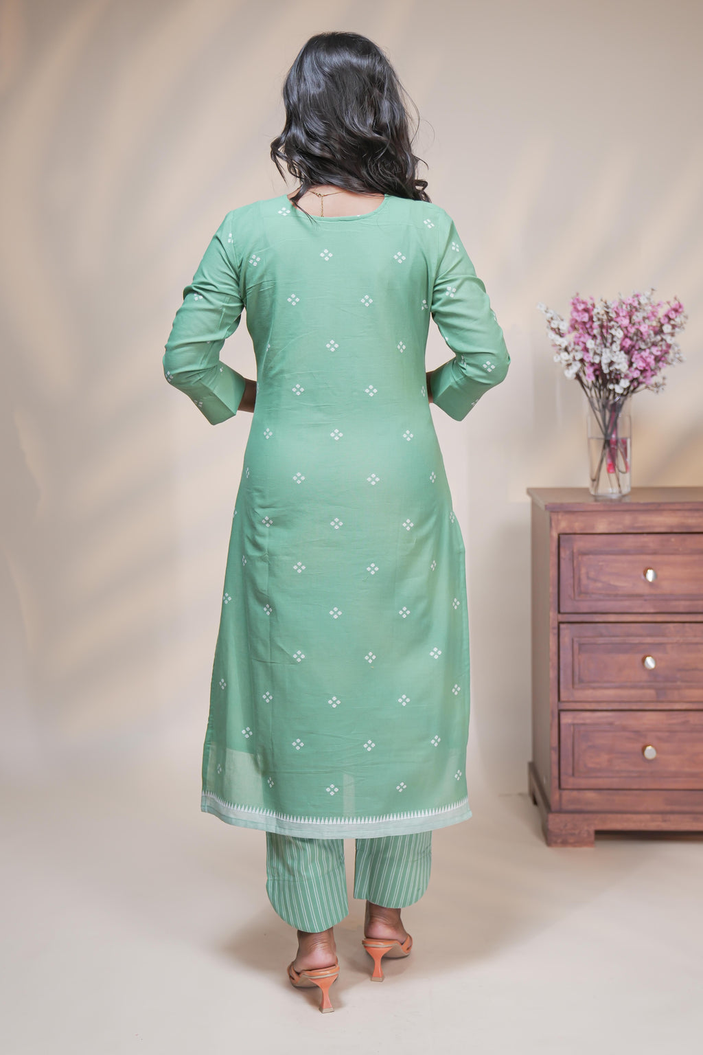 women mint green polka print straight kurta set with matching pant and dupatta