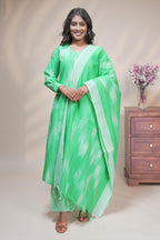Women green striped cotton straight kurta pant set with matching pant and dhupatta