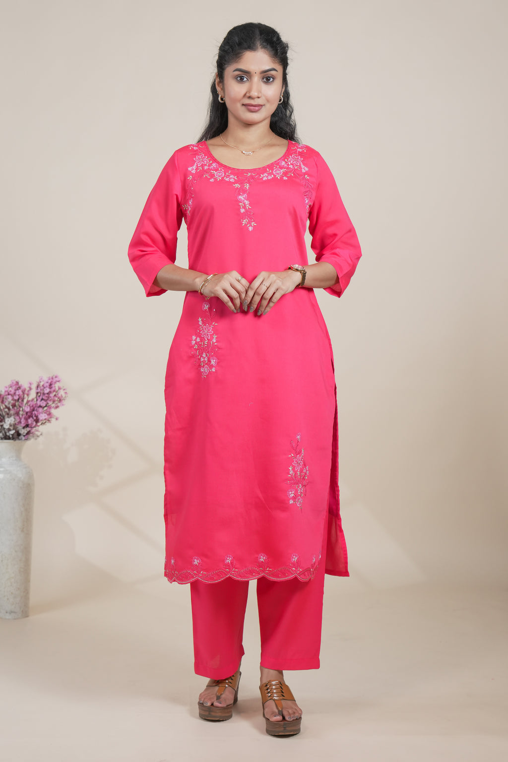 Pink floral designed straight cut kurta set with 3/4 sleeve and pant