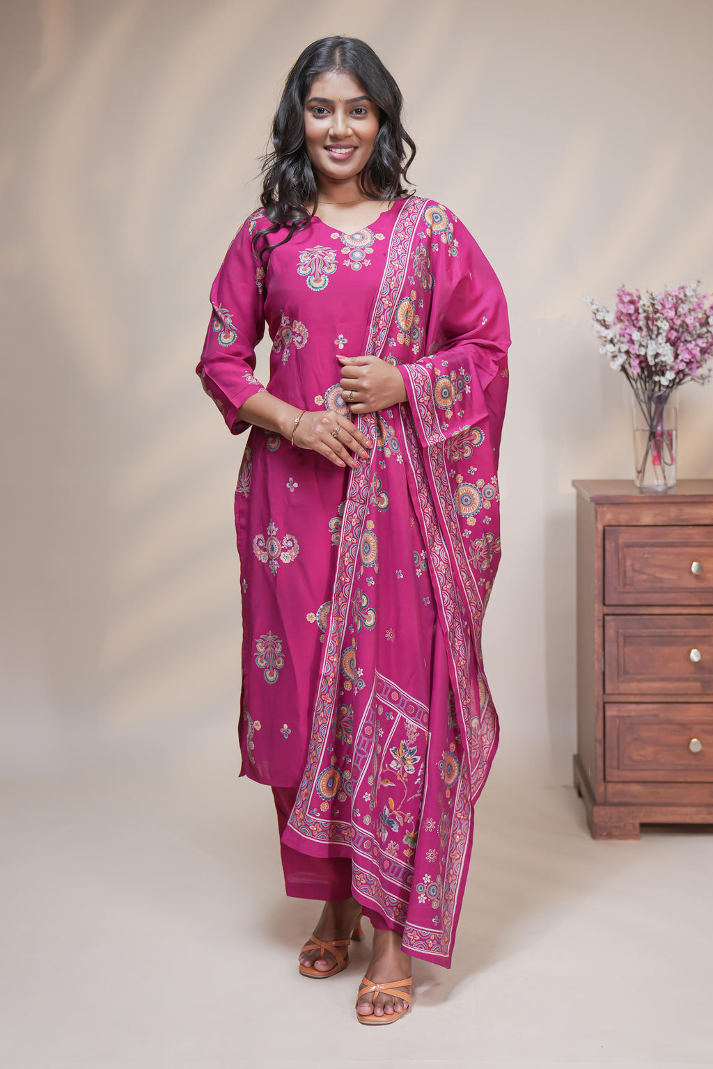 women pink floral print straight kurta set with matching pant and dupatta