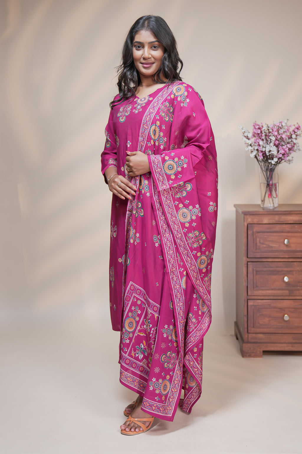 women pink floral print straight kurta set with matching pant and dupatta
