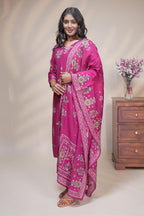 women pink floral print straight kurta set with matching pant and dupatta