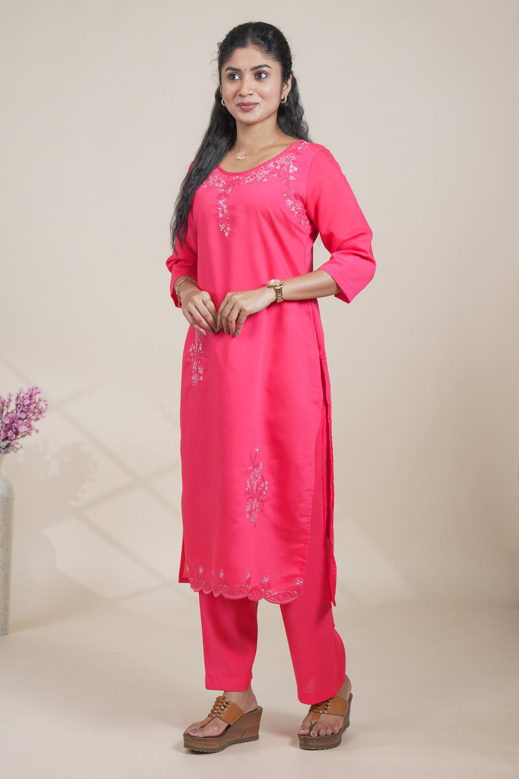 Pink floral designed straight cut kurta set with 3/4 sleeve and pant