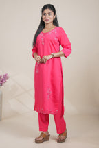 Pink floral designed straight cut kurta set with 3/4 sleeve and pant