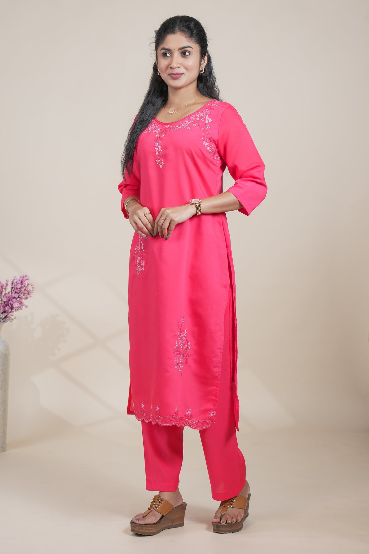 Pink floral designed straight cut kurta set with 3/4 sleeve and pant