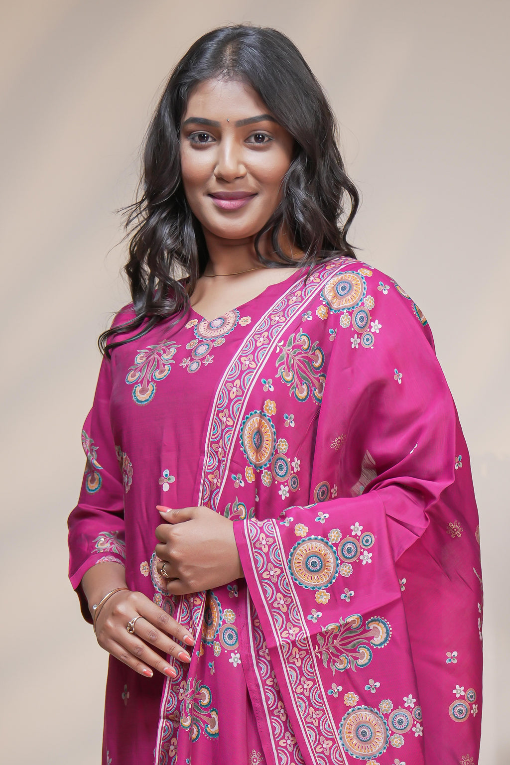 women pink floral print straight kurta set with matching pant and dupatta
