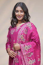women pink floral print straight kurta set with matching pant and dupatta
