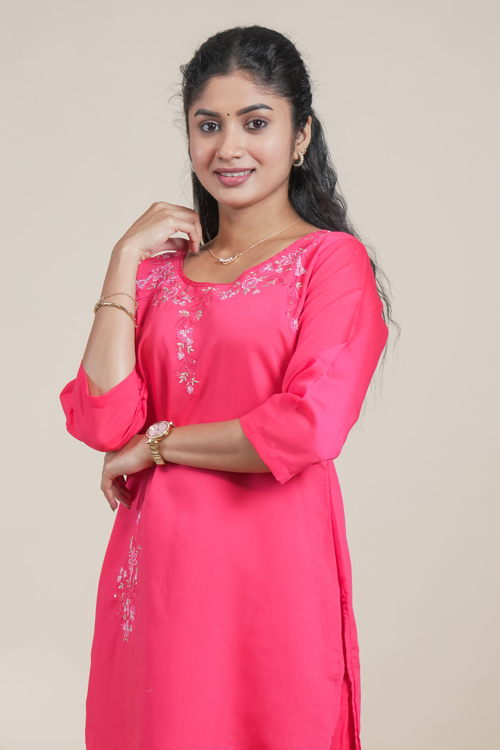 Pink floral designed straight cut kurta set with 3/4 sleeve and pant