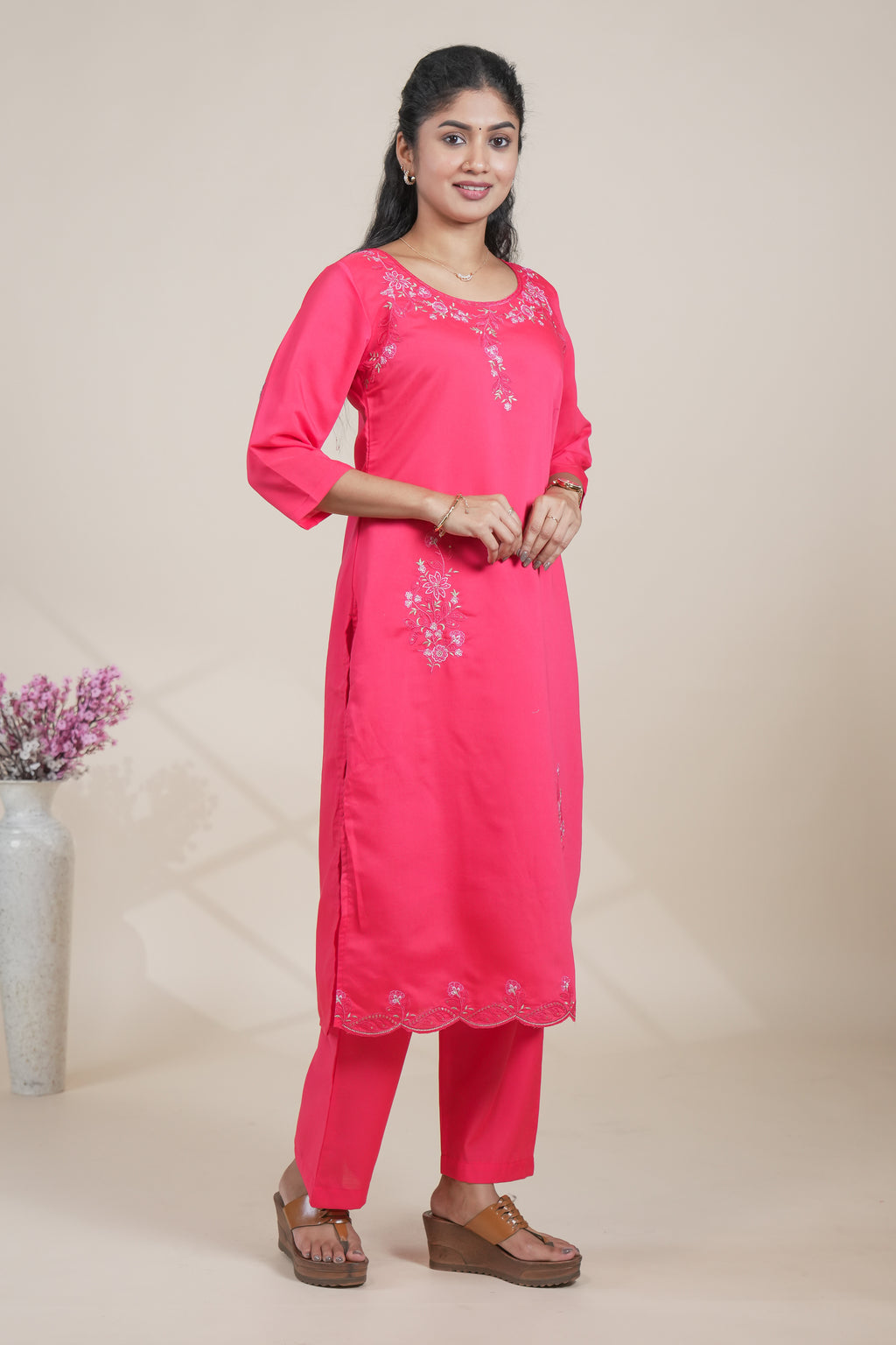 Pink floral designed straight cut kurta set with 3/4 sleeve and pant