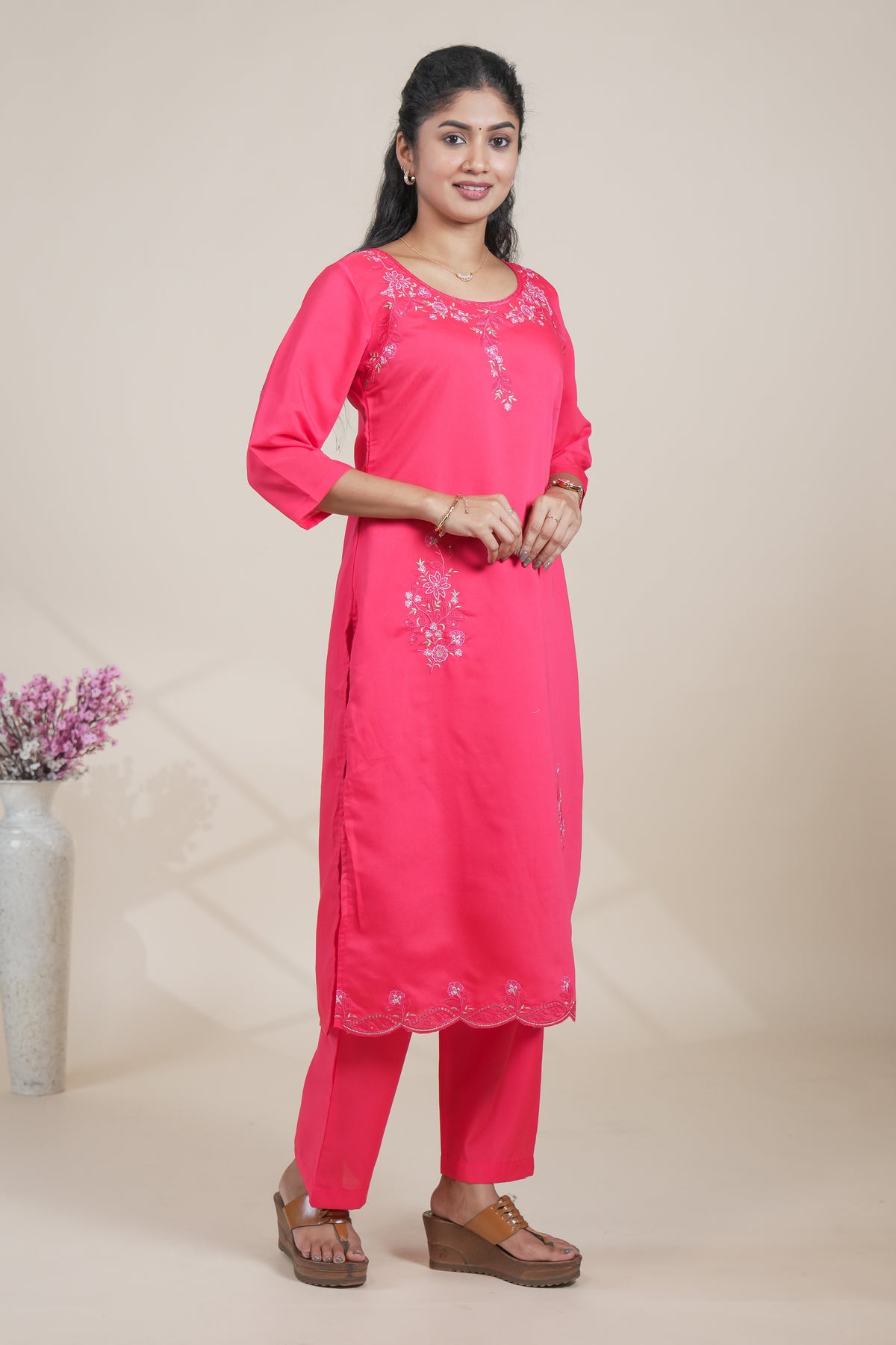 Pink floral designed straight cut kurta set with 3/4 sleeve and pant