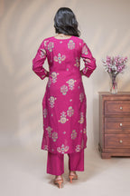 women pink floral print straight kurta set with matching pant and dupatta