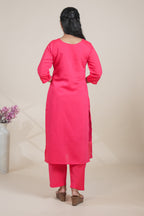Pink floral designed straight cut kurta set with 3/4 sleeve and pant