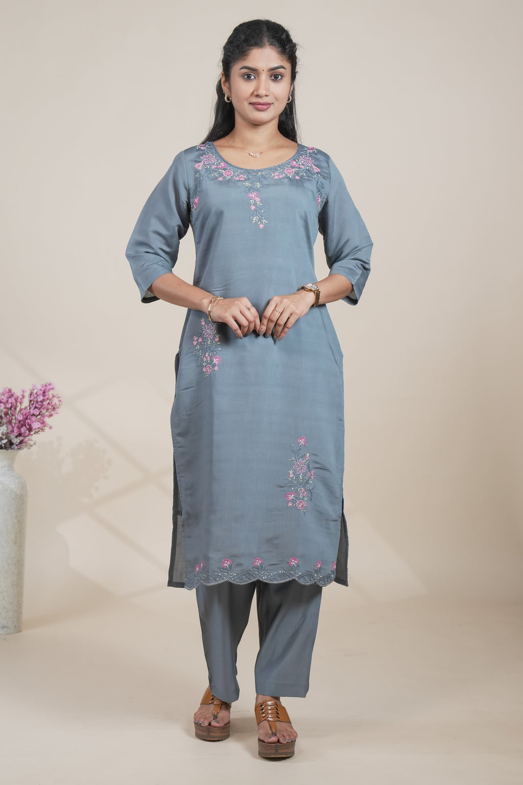 Dusty blue straight cut kurta set with 3/4 sleeve and a pant