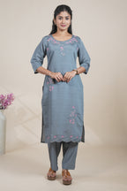 Dusty blue straight cut kurta set with 3/4 sleeve and a pant