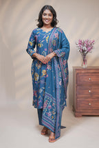women blue floral print straight kurta set with matching pant and dupatta