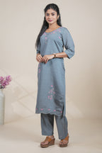 Dusty blue straight cut kurta set with 3/4 sleeve and a pant