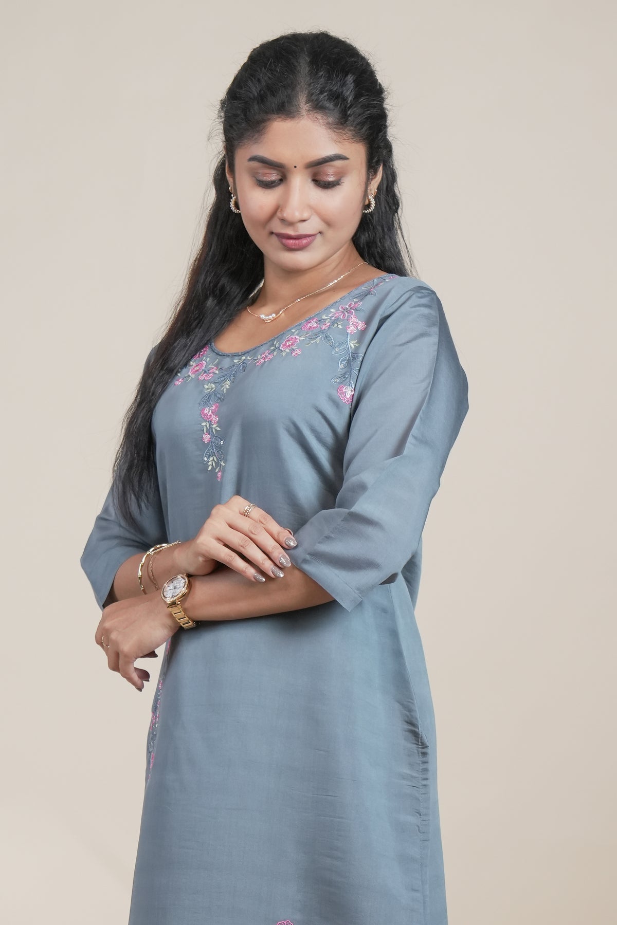 Dusty blue straight cut kurta set with 3/4 sleeve and a pant