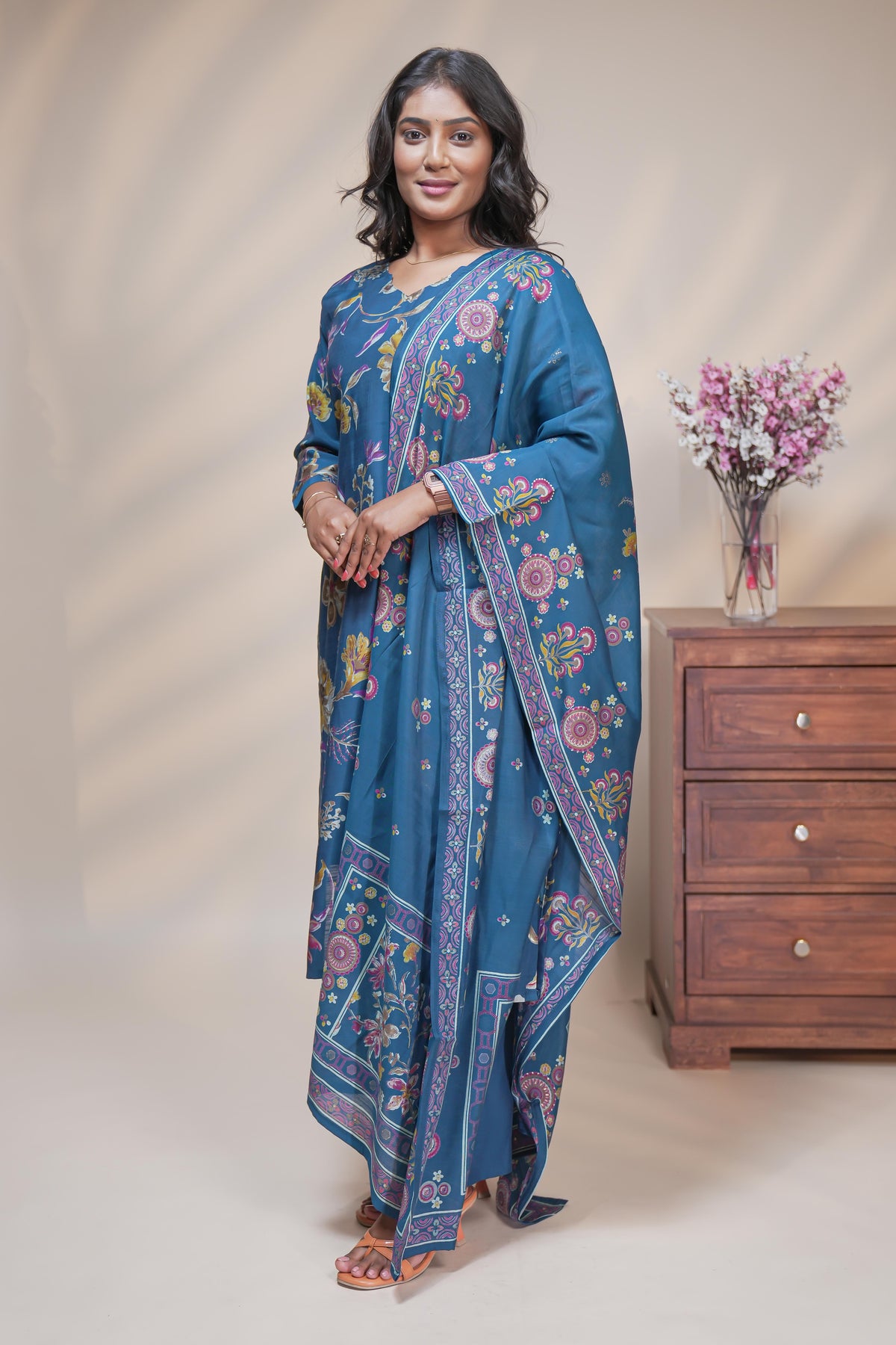 women blue floral print straight kurta set with matching pant and dupatta