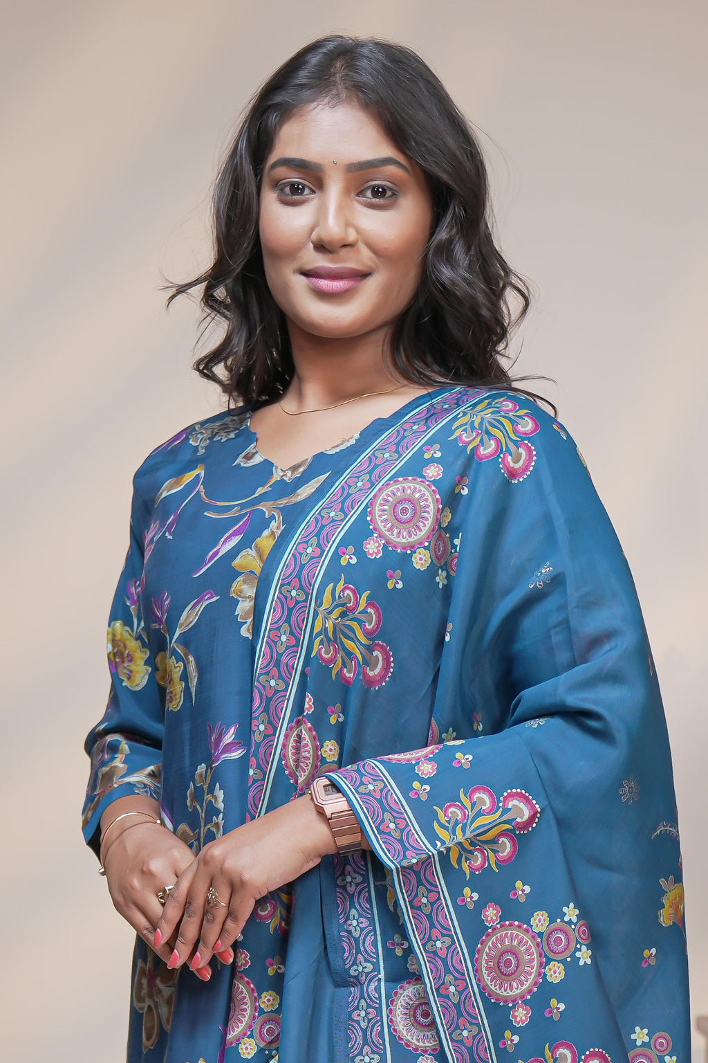 women blue floral print straight kurta set with matching pant and dupatta