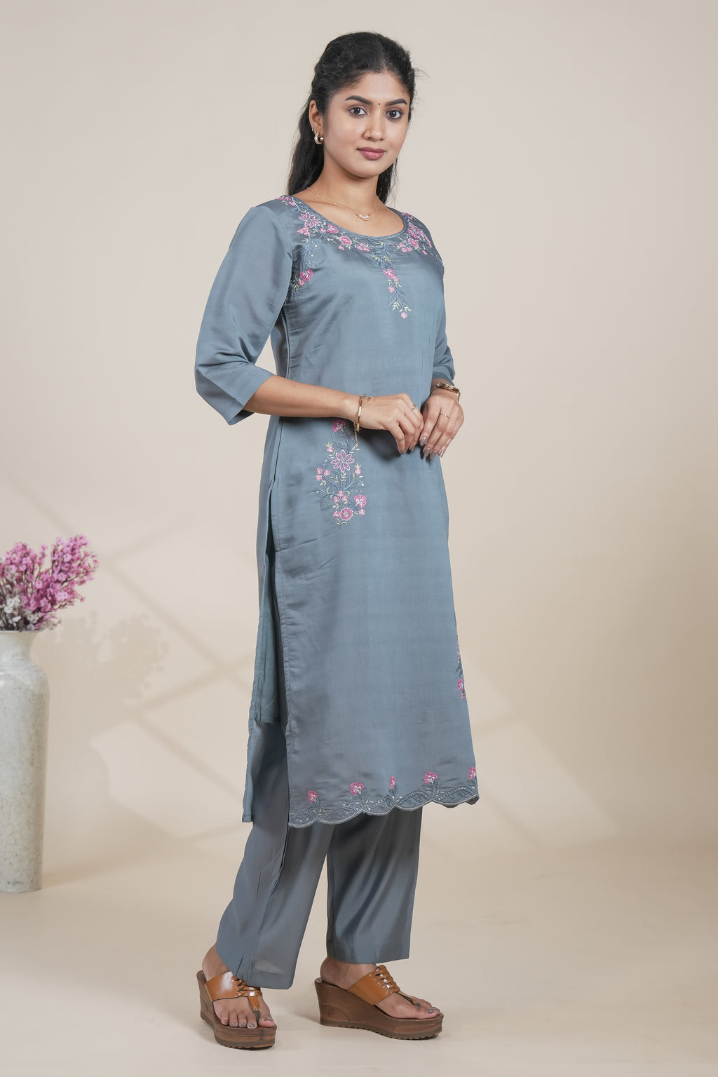 Dusty blue straight cut kurta set with 3/4 sleeve and a pant