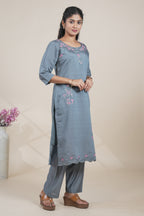 Dusty blue straight cut kurta set with 3/4 sleeve and a pant