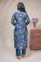 women blue floral print straight kurta set with matching pant and dupatta