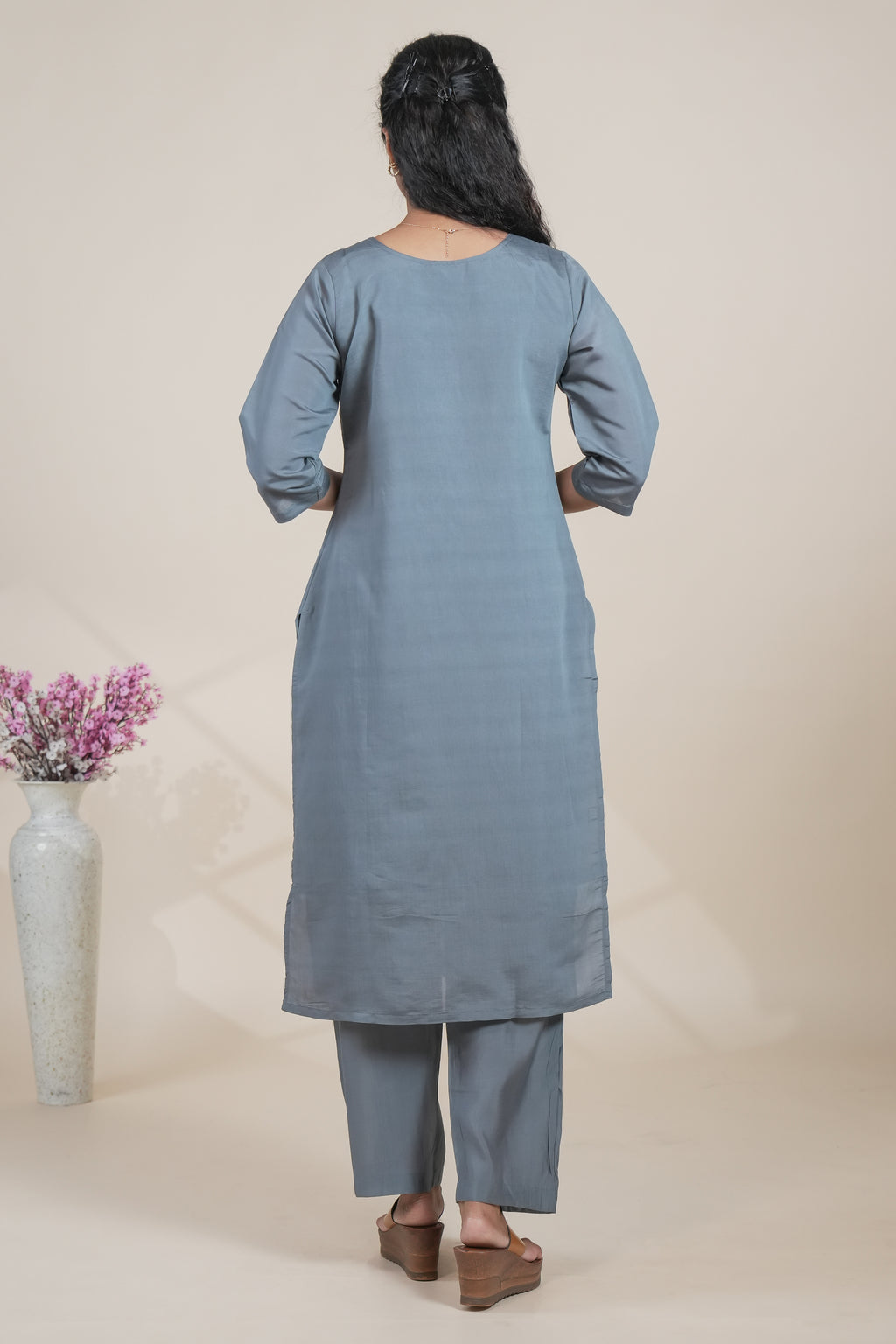 Dusty blue straight cut kurta set with 3/4 sleeve and a pant
