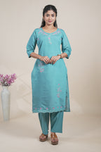 Blue floral designed straight cut kurta set with 3/4 sleeve and a pant