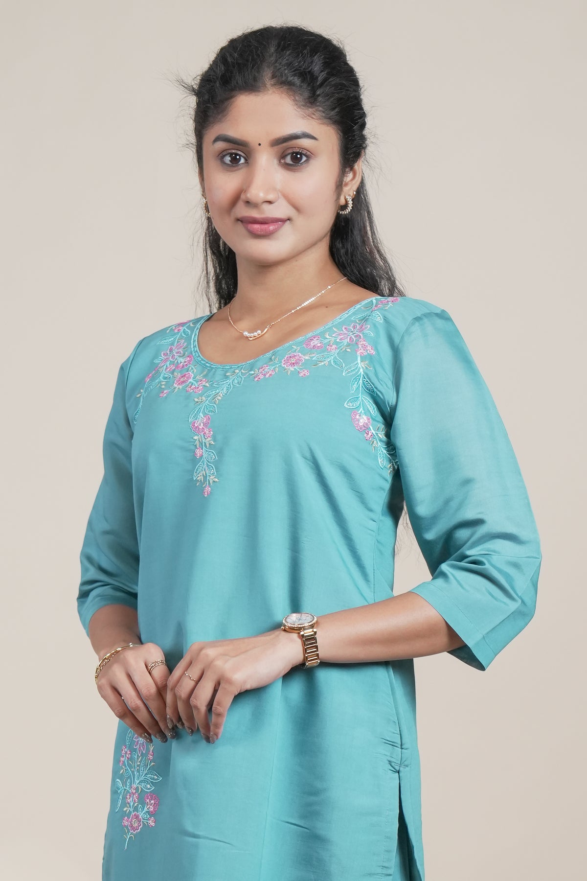 Blue floral designed straight cut kurta set with 3/4 sleeve and a pant