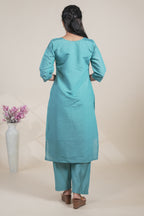Blue floral designed straight cut kurta set with 3/4 sleeve and a pant