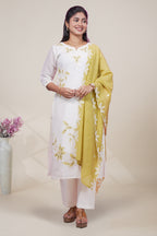 white floral designed straight cut kurta set with 3/4 sleeve and a shawl
