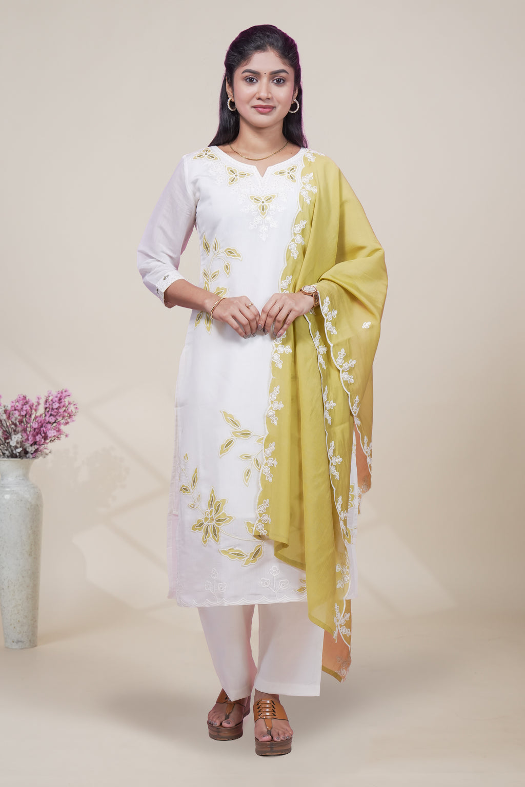 white floral designed straight cut kurta set with 3/4 sleeve and a shawl
