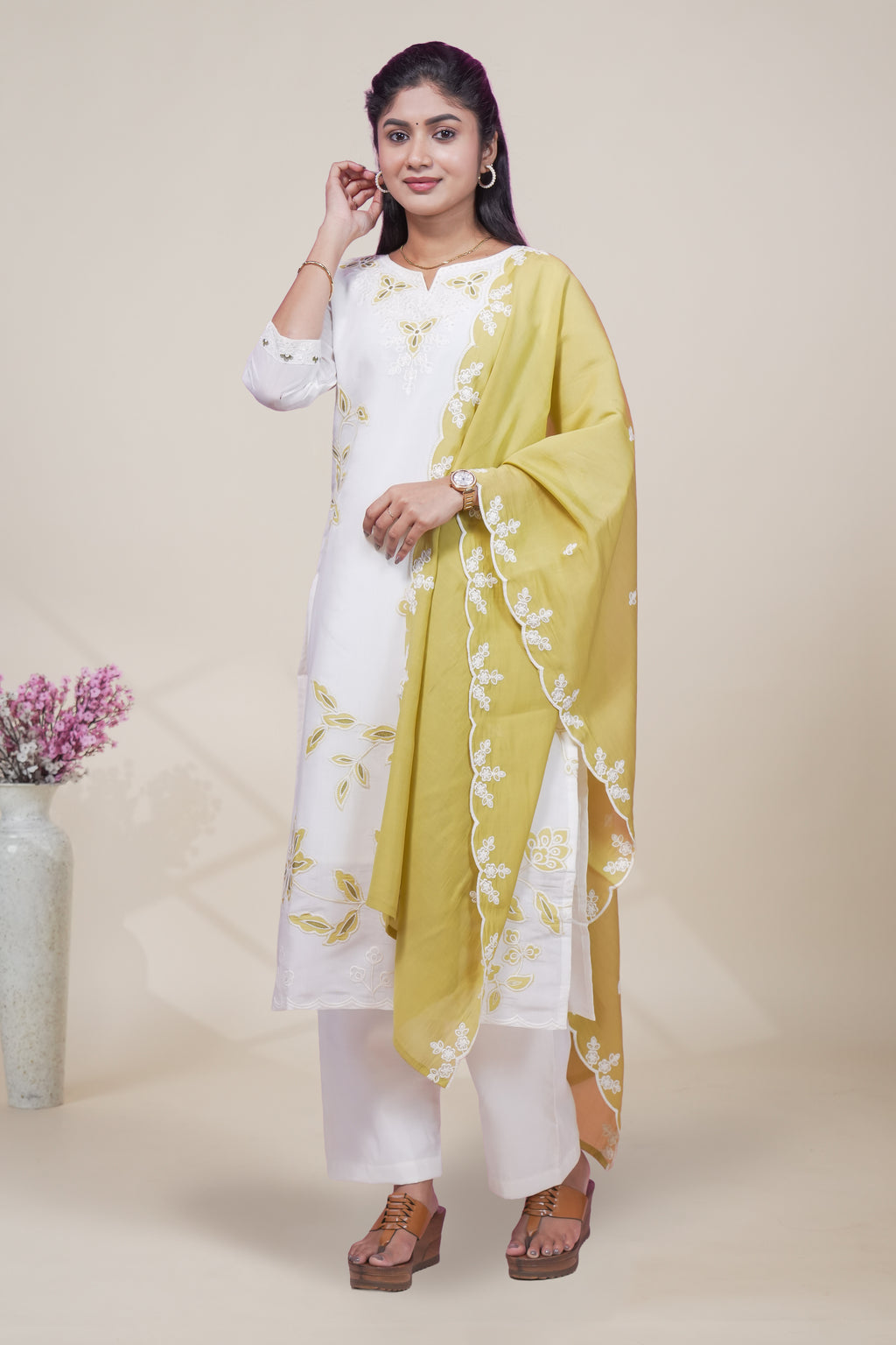 white floral designed straight cut kurta set with 3/4 sleeve and a shawl