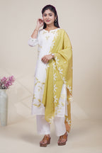 white floral designed straight cut kurta set with 3/4 sleeve and a shawl