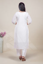 white floral designed straight cut kurta set with 3/4 sleeve and a shawl