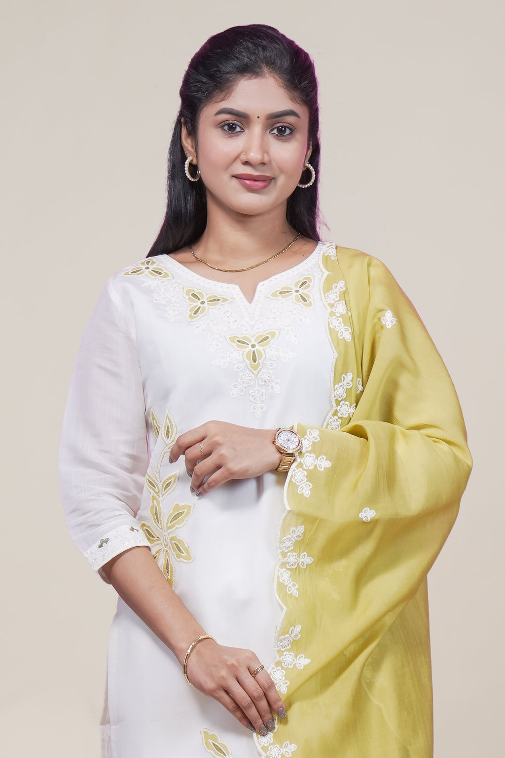 white floral designed straight cut kurta set with 3/4 sleeve and a shawl